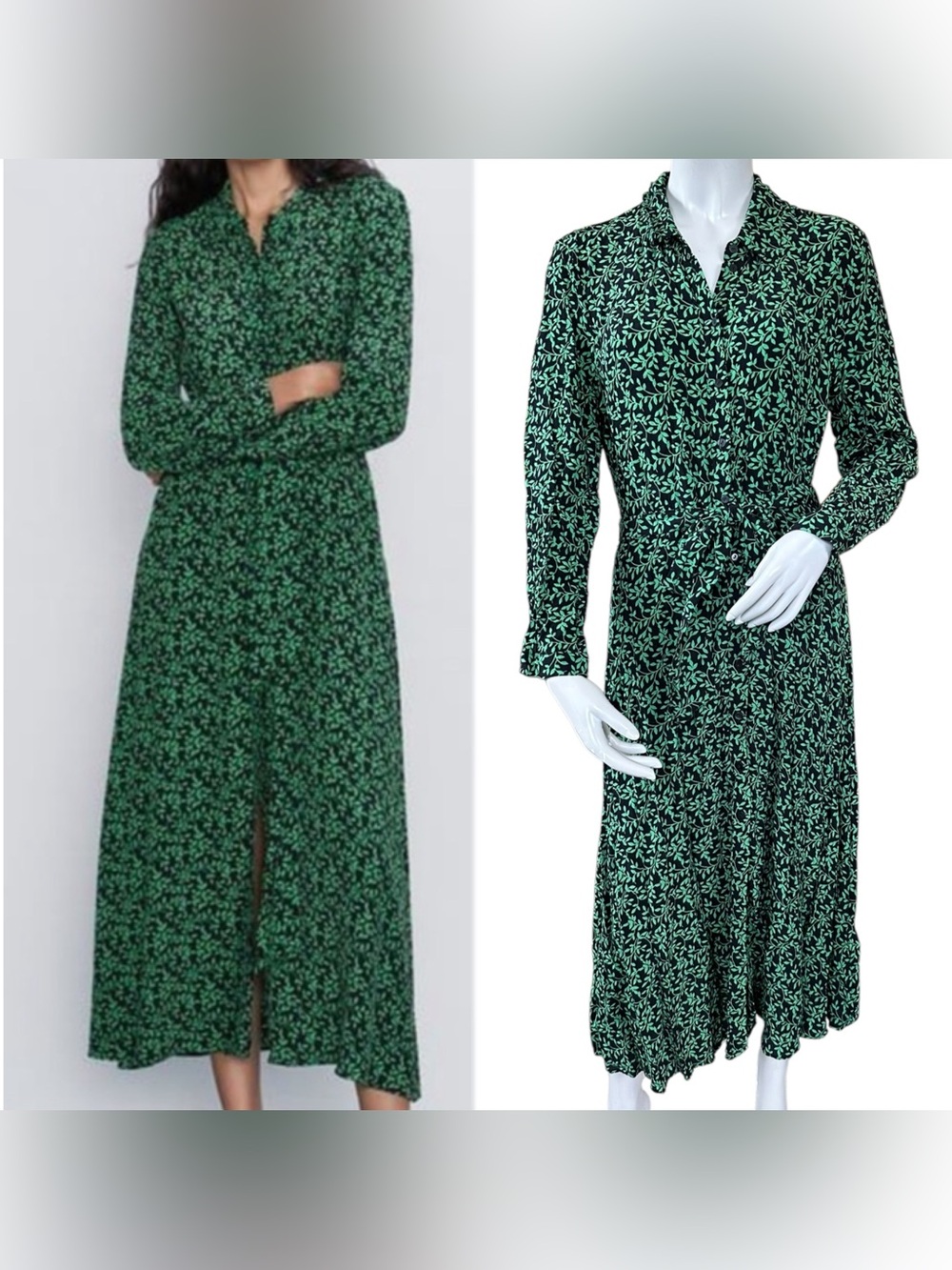 Zara Black & Green Leaf Print Collared Long Sleeve Button Down Maxi Dress XL
